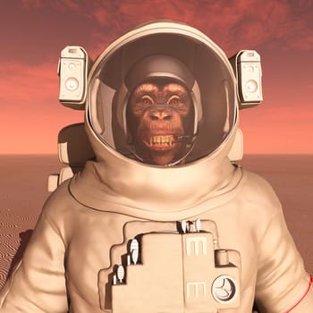 Computer generated 3D illustration with a chimpanzee in space suit on Mars