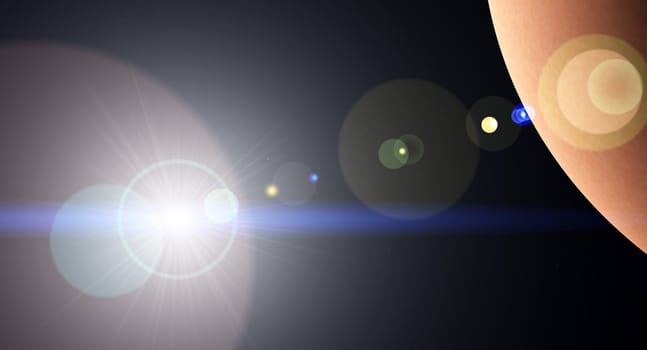 Computer generated 3D illustration with sun rays and planet in a distant world