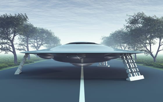Computer generated 3D illustration with a flying saucer on a country road