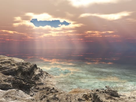 Computer generated 3D illustration with a rocky coastal landscape