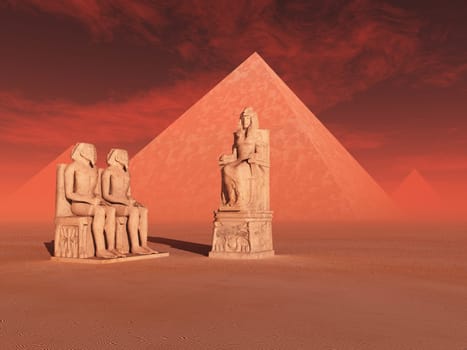 Computer generated 3D illustration with Egyptian pyramids and statues