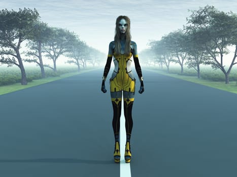 Computer generated 3D illustration with an alien creature on a country road at dawn