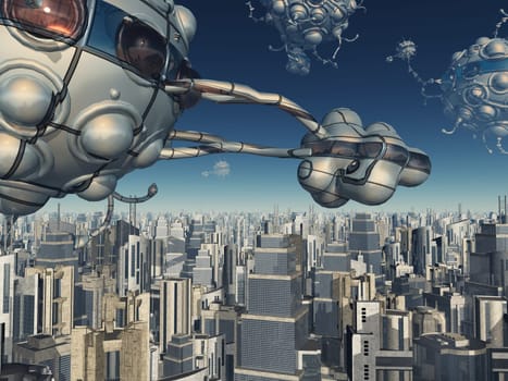 Computer generated 3D illustration with spacecrafts over a futuristic big city