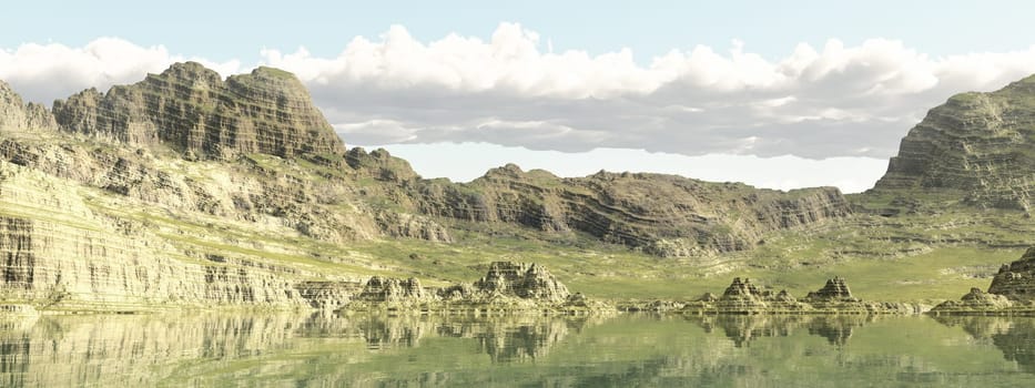 Computer generated 3D illustration with a mountain lake