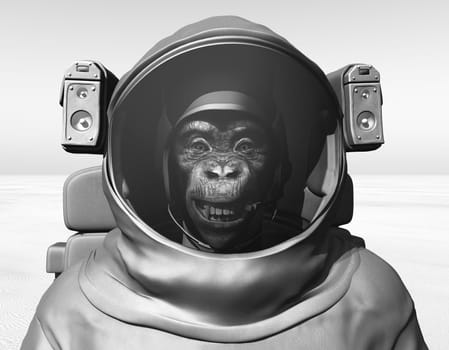 Computer generated 3D illustration with a chimpanzee in space suit in black and white