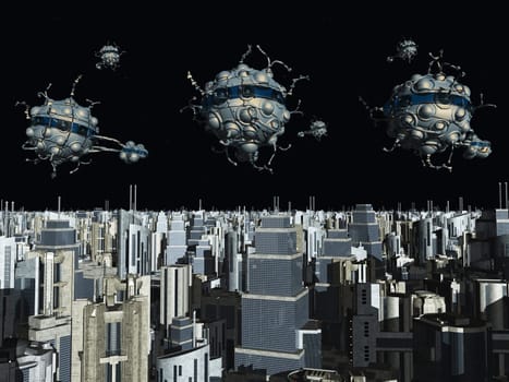 Computer generated 3D illustration with alien spacecrafts over a futuristic city at night