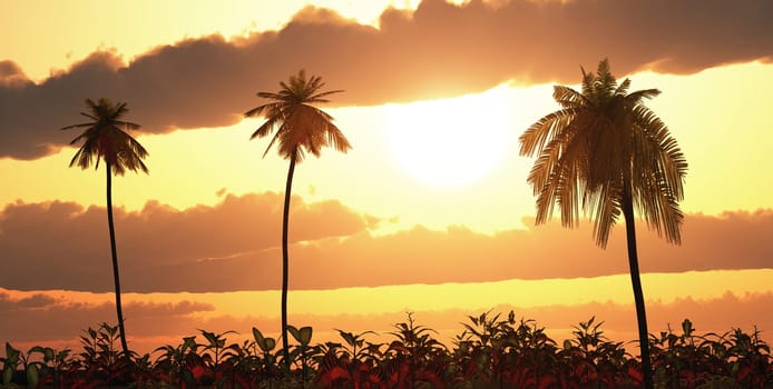 Computer generated 3D illustration with a tropical landscape at sunset