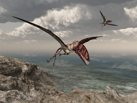 Computer generated 3D illustration with the pterosaur Dimorphodon flying over a coastal landscape