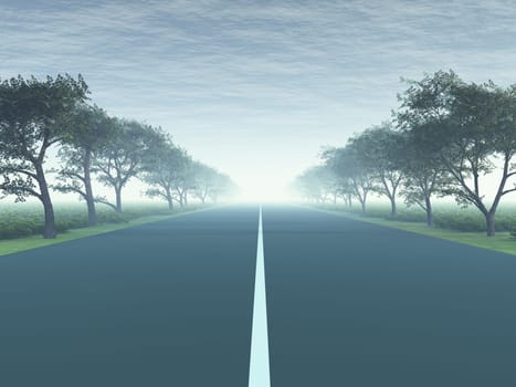 Computer generated 3D illustration with a country road at dawn