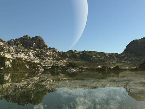 Computer generated 3D illustration with an extraterrestrial lake landscape and planet in the sky