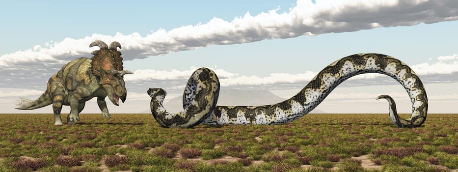 Computer generated 3D illustration with the dinosaur Albertaceratops and the prehistoric snake Titanoboa