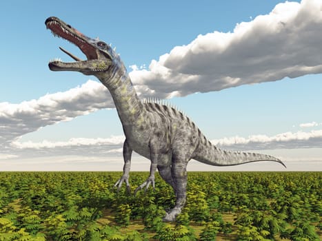 Computer generated 3D illustration with the dinosaur Suchomimus in a landscape