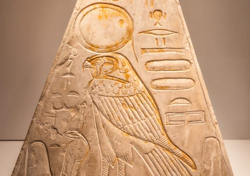 Turin, Italy - March 2023: Egyptian Museum, Pyramidion with Horus falcon - 1279 BC