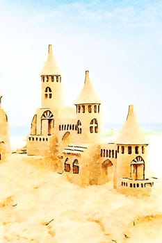 Creative illustration of sendcastles on a sunny beach with blue sky. Concept of leisure, holiday, vintage nostalgia memory
