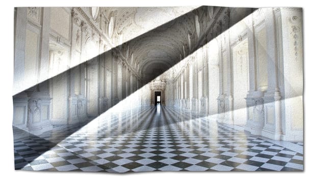 Creative picture of Reggia di Venaria Reale gallery - Italy. Luxury marbles in baroque Royal Palace