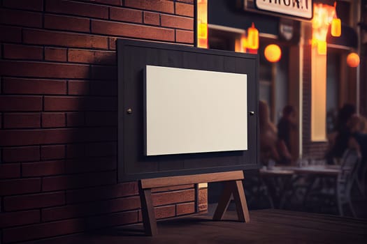 Mockup label, blank menu frame in Bar restaurant. Stand for booklets with white sheets paper in cafeteria blurred background