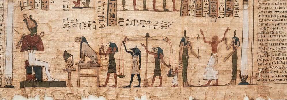 Turin, Italy - February 2023: Egyptian Museum. Detail of the Book of the Dead with funerary formulas and spells, papyrus, 330 BC