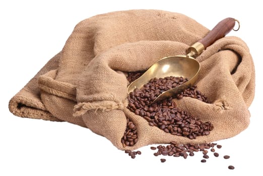 Merchandise of roasted coffee in jute sack for sale.