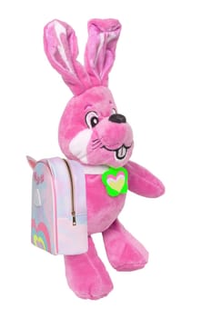 A cute pink plush bunny with heart pendant and a bag, isolated on a white background. Easter greeting card decoration item with space for design. Bright plush animal.