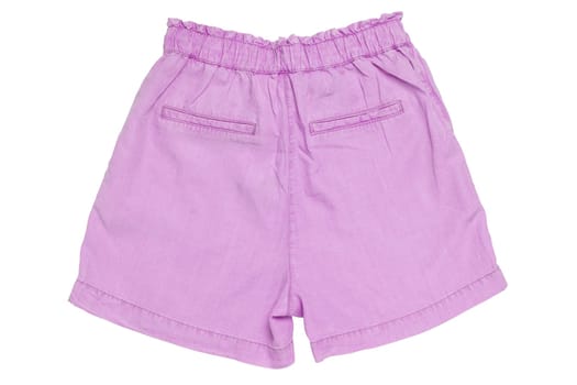 Closeup of a female stylish fashionable light pink short pant with ribbon bow isolated on a white background. Clipping path. Back view.
