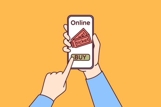 Hands with mobile phone using applications to buy tickets for football match or concert of musical group. Smartphone with website selling tickets for entertainment events or educational seminars