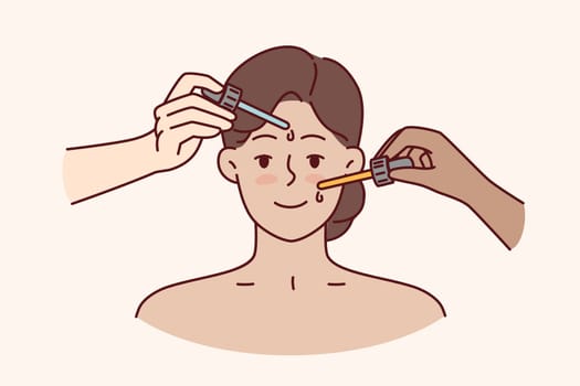 Hands with pipettes near face of woman during cosmetic procedures and lifting to get rid of wrinkles and acne. Process of applying cosmetic anti-aging collagen serum to girl face
