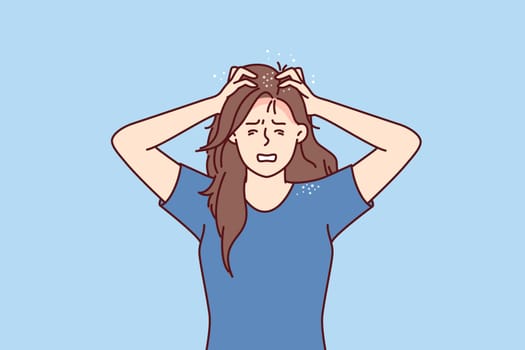 Woman suffers from itchy head after fungal infection and dandruff associated with poor-quality hair shampoo. Girl needs trip to dermatologist and use of new hygiene products or medicines for dandruff