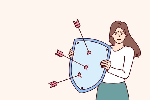 Disgruntled woman with shield defends herself from harassment and annoying advances or inappropriate compliments. Cupid arrows symbolize attempts to seduce girl upset after sexual harassment