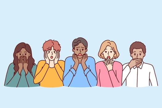 Frightened diverse people open mouths touch faces and experience shock and panic. Multiethnic frightened men and women are frightened after hearing unexpected news about problems in economy