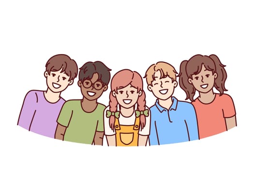 Happy diverse children students in junior school smiling rejoicing at opportunity to communicate with friends. Children teenagers of different races and nationalities laugh enjoying communication