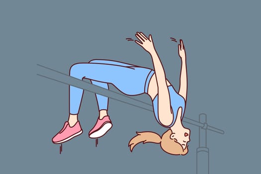 Woman athlete makes high jump over bar wanting to win sport competition or break world record. Girl involved in athletics flies over bar upside down during world championships in athletics