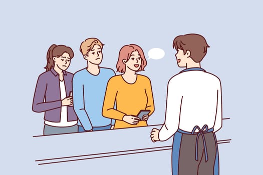 Leisurely woman talking to cashier ignoring queue of customers in cafe or grocery store forced to waste time. Man waiter cashier serving customers nervous due to long waiting in line