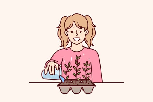 Little girl is watering plant in form of eggshell for concept of ecology and zero waste gardening. Caring teenage schoolgirl is gardening growing kitchen herbs and spices for cooking