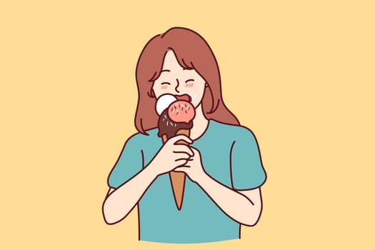 Teenage girl eats sweet fruity or chocolate flavored ice cream for freshness in hot summer weather. Little girl of school age with ice cream in waffle cone enjoys taste of natural milk dessert