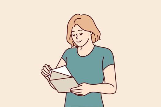 Woman with envelope in hands reads letter received in mail with invitation to entertainment event or conference. Girl with notice from bank in postal envelope demanding payment of interest on loan