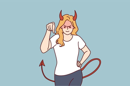 Woman demon with horns and tail points her finger at screen and looks at you aggressively. Evil demon girl threatens or tries to solve problems that have arisen with help of violence and aggression