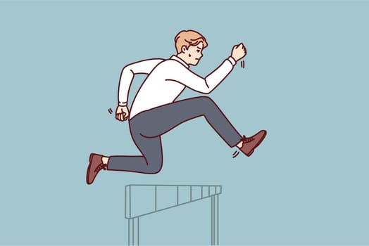 Businessman jumps over obstacle in pursuit of success and new clients for company or record breaking statistics. Purposeful businessman in formal wear running showing leadership skills