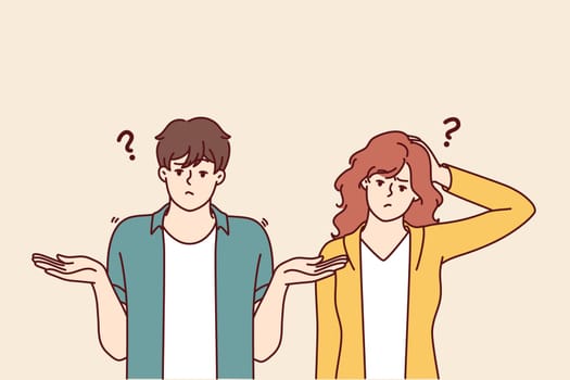 Doubting man and woman shrug hands and touch heads, sign of absence of solution to problem. Doubtful couple of guy and girl experiencing embarrassment do not understand what is happening