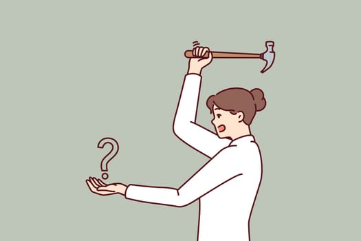 Woman swinging hammer at question mark showing courage in solving problems and fighting ignorance. Challenge for businesswoman in resolving issue requiring leadership qualities and determination