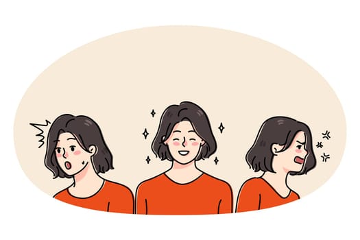Young woman have different emotions have emotional disorder. Girl feeling angry and happy suffer from bipolar disorder or schizophrenia. Healthcare and medicine. Vector illustration.