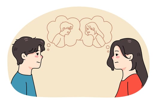 Man and woman hidden emotions in speech bubbles. Unhappy couple lovers have relationships problems. Spouses suffer from relations trouble. Divorce or breakup. Vector illustration.