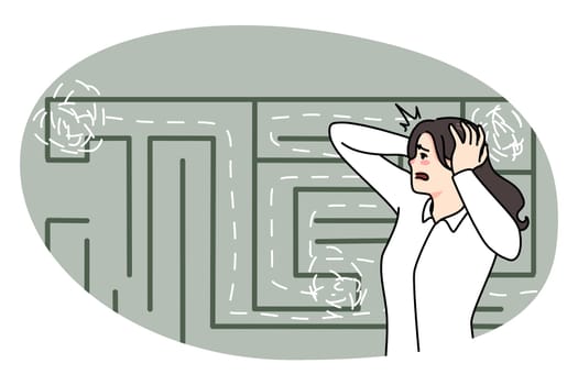 Anxious businesswoman confused of finding way in labyrinth. Worried unhappy scared woman frustrated by quest way, looking for solution or solving problem. Flat vector illustration.