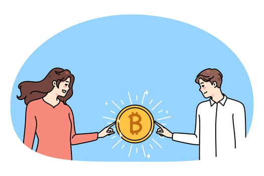 Happy man and woman touch hold bitcoin earn money on stock exchange. Diverse people involved in cryptocurrency mining or trading. Passive income, virtual gold. Vector illustration.