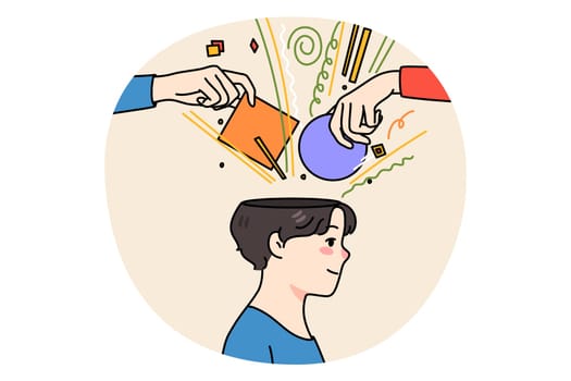 People hands put object in person head help with brainstorming or thinking process. Guy involved in solving problems or issues. Search for solution concept. Flat vector illustration.