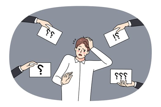 Confused young man with question marks around winder about problem solution. Frustrated guy feel confusion think about solving issue. Dilemma and frustration. Vector illustration.