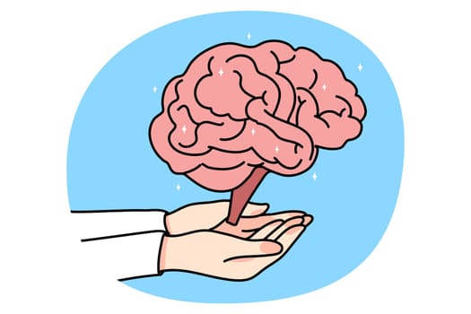 Person hand hold brain explore human body organ. Doctor or neurologist work on neurology mind issues. Neuroscience and healthcare concept. Flat vector illustration.