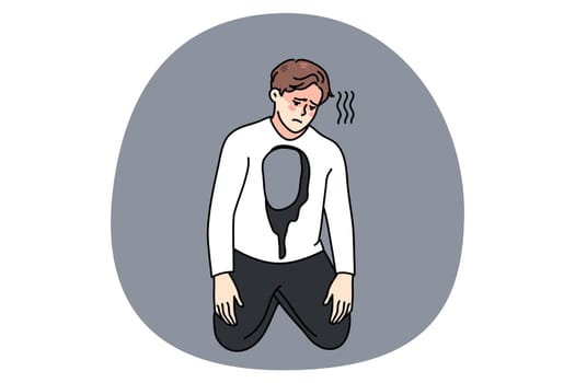 Unhappy man with hole in body feel depressed and broken. Sad upset guy feel stressed have mental or psychological problems. Depression and anxiety concept. Vector illustration.