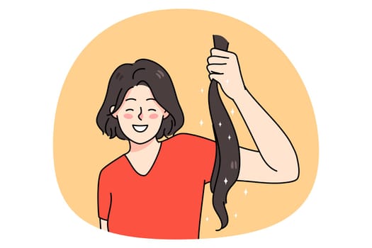 Smiling young woman hold ponytail do hair donation to needy people. Happy female volunteer donate healthy hair for wigs. Flat vector illustration, cartoon character.
