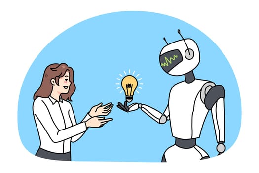 Robot give lightbulb to female employee offer productive business solution. Virtual assistant or cyborg help businesswoman with innovative idea or startup project. Innovation. Vector illustration.