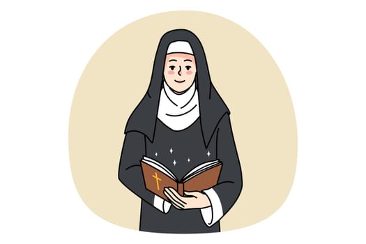 Sister nun in traditional clothes read bible in church. Happy catholic sister praying to God. Religion and faith concept. Prayer and believer. Flat vector illustration, cartoon character.